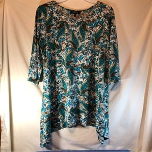 LBISSE woman’s blue/brown/cream Paisley asymmetrical hem 3/4 sleeve blouse XL